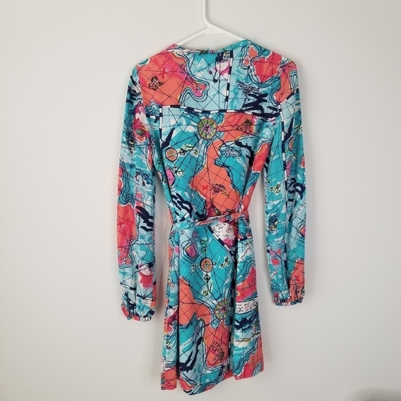 Lilly Pulitzer Silk Connie Dress X Marks the Spot Print Long Sleeve Tie Waist 2 - Picture 12 of 15